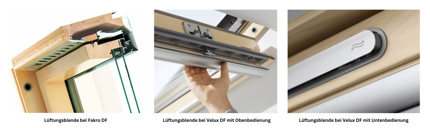 Drei manuellbedinbare Lüftungsblenden von Dachfenstern verschiedener Hersteller - Fakro und Velux - 