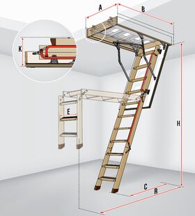 Bodentreppen FAKRO LWL Extra, mehrteilige Bodentreppe aus Holz mit Gasdruckfeder