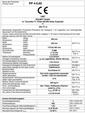 Porenbeton, Gasbeton Planstein SOLBET PP4-060 nach DIN V 4108-4