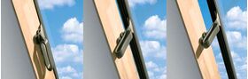Ausstiegsfenster WLI von FAKRO mit am Rahmen montierter funktioneller Flügelsperre